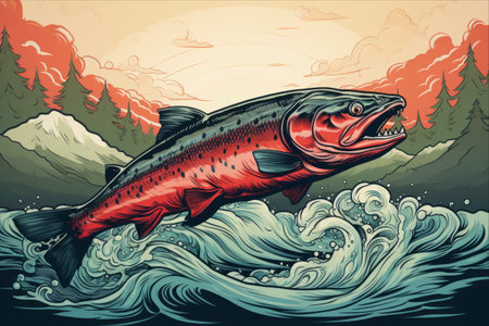 Captivating Spectacle: Majestic King Salmon Leaping in a Stream - AR 3:2の素材
