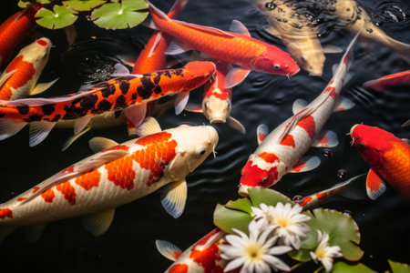 Majestic Koi Fish Gracefully Feeding in a Tranquil Fish Pondの素材