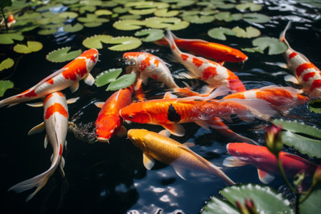 Mesmerizing Koi Fish Gliding Gracefully in Bali's Sacred Water Templeの素材