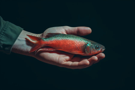 Catching Life's Bounty: A Close-Up of a Hand Holding a Fishの素材