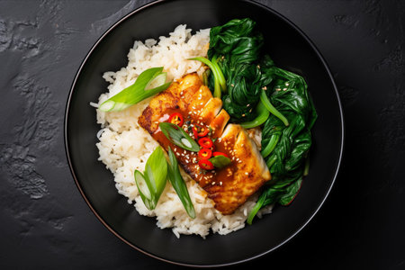 Delectable Top-View Bowl: Savory Modern Japanese Fried Cod Fish Filet with Bok Choi and Rice â Perfect Copy Space on the Right (3:2 Aspect Ratio)の素材