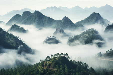 Mystical Serenity: A Foggy Mountain Panorama in a 3:2 Aspect Ratioの素材
