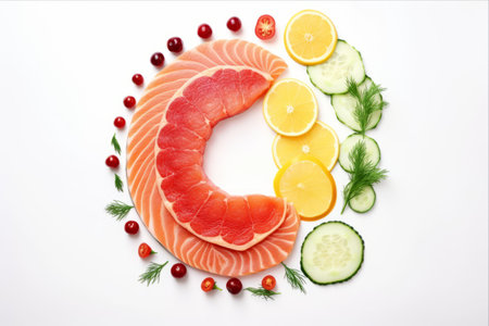Savory Salmon Location Emblem: A Delectable Array of Ingredients Floating on a Pure White Canvas - AR 3:2の素材