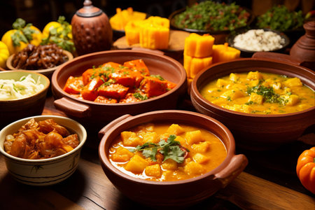 Indulge in the Peruvian Delights: Locro Pumpkin Stew and Assorted Gourmet Dishes at our Traditional Food Buffetの素材