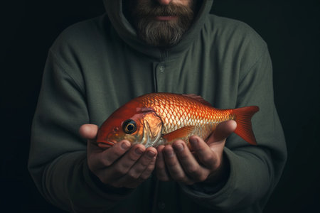 Fishing Enthusiast Proudly Presents Their Catch: A Person Holding a Fish in a 3:2 Aspect Ratioの素材