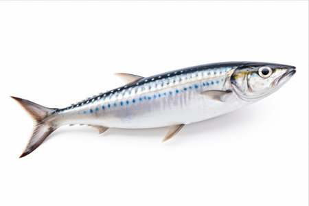 Freshly Caught Mackerel Fish: A Crisp White Background Accentuates its Delectable Seafood Appeal â AR 3:2の素材