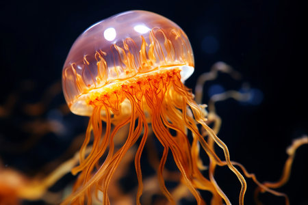 Enchanting Close-Up: Unveiling the Mesmerizing World of Underwater Northern Sea Nettles and Brown Jellyfish through Macro Photographyの素材