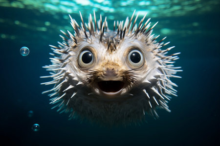 Capturing an Adorable Underwater Moment: Porcupine Fish Grinning at Camera with Enchanting Big Eyes - AR 3:2の素材