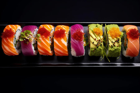 Rainbow Delight: Exploring the Vibrant World of Japanese Sushi with a Top-View of Assorted Sushi Rollsの素材