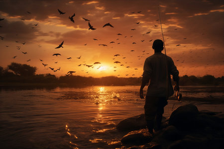 Sunset Serenade: A Man's Triumph Catching Fish in the Riverの素材
