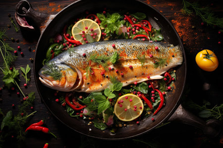 Culinary Delight: Rainbow Trout infused with Spices and Fresh Herbs, sizzling in the Frying Pan!の素材