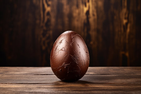 Sweet Surprises: Indulging in a Chocolate Egg on a Wooden Table Backgroundの素材