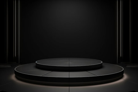 Embracing Elegance: A Captivating 3D Black Geometric Stage Podium on a Mysterious Dark Backgroundの素材