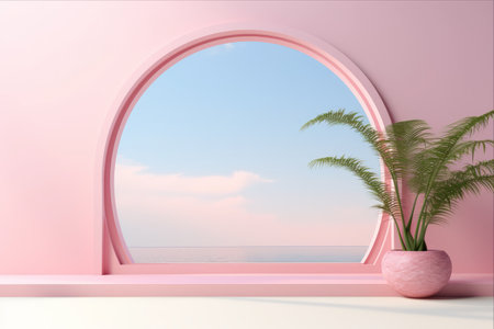 Pastel Pink Geometric Shape: A Minimalistic Summer Scene with Product Display on Pink Interior Backgroundの素材
