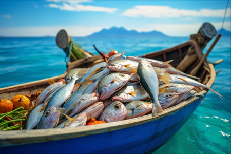 Bountiful Harvest: The Abundance of Fresh Fish on a Tropical Fishing Boatの素材