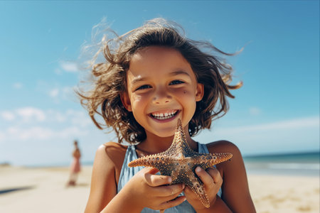 Sunny Beach Delights: Enchanting Smile as a Girl Presents a Starfishの素材