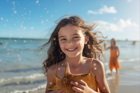 Sunny Delight: A Smiling Girl Showcasing a Starfish at the Beachの素材