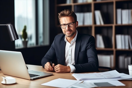 Efficient Multitasking: A Smiling Male Businessman Excelling at Document Management, Online Meetings, and Business Communication -AR 3:2の素材