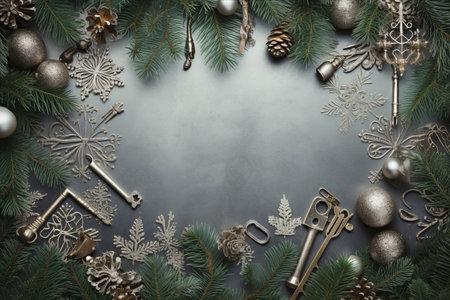 Silver Keys and Spruce: A Festive Christmas Arrangement in a Vertical Frameの素材