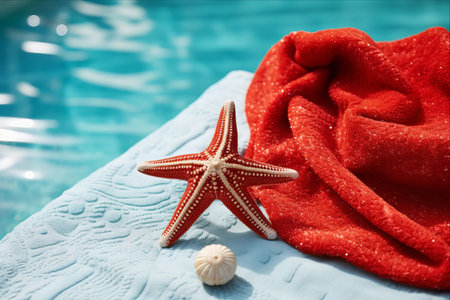 A Captivating Marine Display: Vibrant Red Starfish and Enchanting Sea Urchins Adorn a Blue Textured Towel by the Poolside - Shot at 3:2 Aspect Ratioの素材