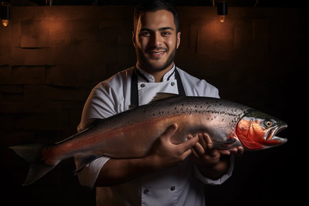 Master Chef proudly showcasing a colossal Atlantic salmon -- AR 3:2の素材