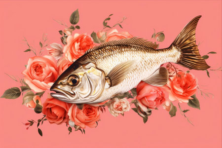 Funky Fusion: A Vibrant Interplay of Fish, Roses, and Hot Pepper on Pink Backgroundの素材