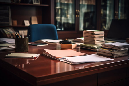 A Productive Haven: Organized Desk Essentials, Stylish Glasses, and Color-Coded Paper for Optimal Home Office Efficiencyの素材