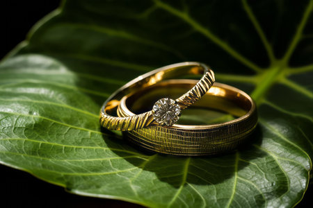Glistening Gold Rings Adorn a Taro Leaf: An Artistic Harmony in 3:2 Aspect Ratioの素材