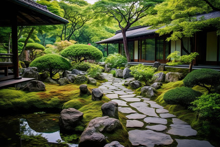 Tranquility Unveiled: A Serene Rock Pathway and Koi Pond in a Japanese Gardenの素材