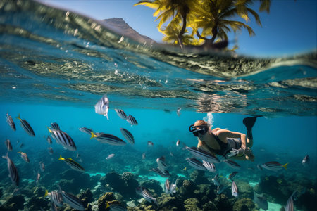 Underwater Paradise: Snorkelers Immersed in a Spectacle of Tropical Fish - AR 3:2の素材
