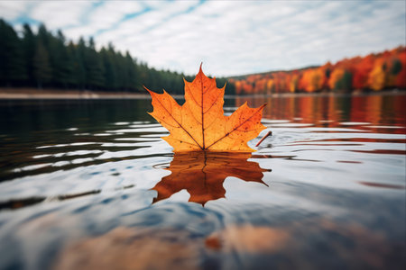 Autumn Serenity: Capturing a Singular Orange Leaf Drifting on Algonquin Watersの素材