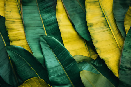 Banana Leaf Abstract: Vibrant Green and Yellow Backdrop for Text and Artwork Designの素材