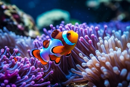 Dazzling Underwater Delight: Amphiprion Ocellaris Clownfish Amidst Vibrant Orange Coralsの素材