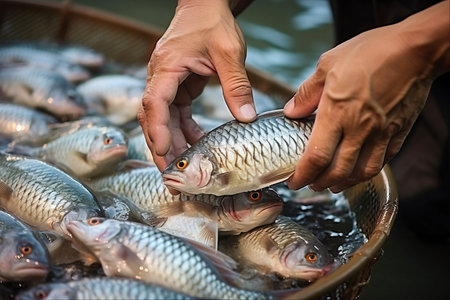 Exploring the Art of Freshwater Tilapia Farming: An Asian Fisherman's Hand Feeding the Pond-Raised Delicacyの素材