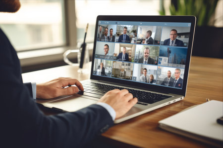 Driving Future Partnerships: Handheld Shot of White Collar Worker Sharing Conference Results with Calling Management Team on Videoconferenceの素材