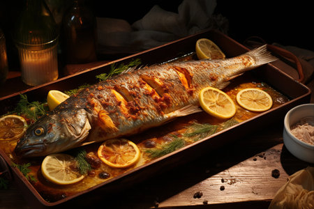 Deliciously Baked Fish on a Tray: A Mouthwatering 3:2 Ratio Recipeの素材