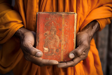 The Ancient Mantras of Weddings: Hindu Priest's Hand Holds Old Used Book in Bhilwara, Indiaの素材