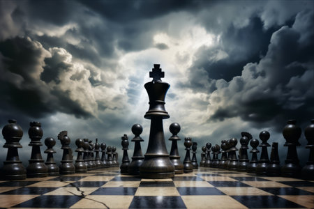 The Art of Decision-Making: Black Chess Pieces in a Cloudy Sky, Encompassing Strategic Business Concepts and Time Managementの素材