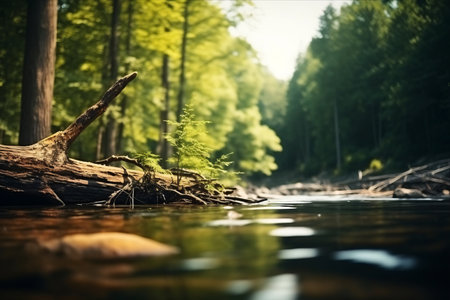Misty Serenity: Enchanting Blurred Forestscape with Bottom Aligned River Bank - HD Landscape Backgroundの素材