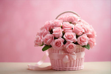 Blooming Love: A Delicate Bouquet of Pink Roses in a White Wicker Basket - Perfect for Birthdays, Weddings, Mother's Day, Valentine's Day, and Women's Day!の素材