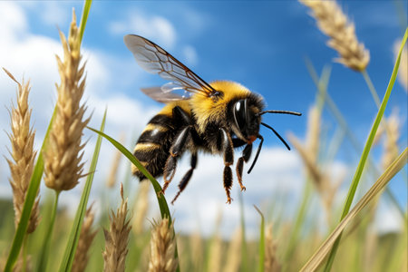 Breathtaking Moment: Bumblebee (Bombus) in Freefall Against a Serene Blue Skyの素材