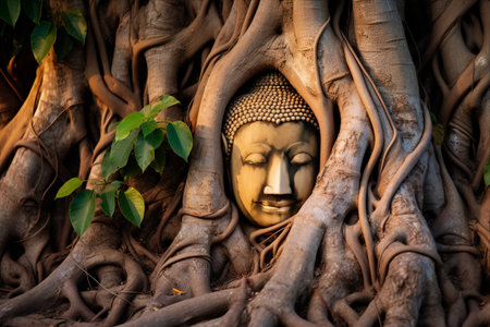 The Enigmatic Encounter: A Buddha Head, a Rooted Tree, and the Timeless Harmony at Wat Maha That in Ayutthaya Historical Park, Thailandの素材
