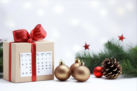 Festive Calendar with Customizable White Background: Celebrate New Year's and Special Occasions with Christmas Tree Scene, Gift Box, Christmas Ball, and Pine Cone Elementsの素材