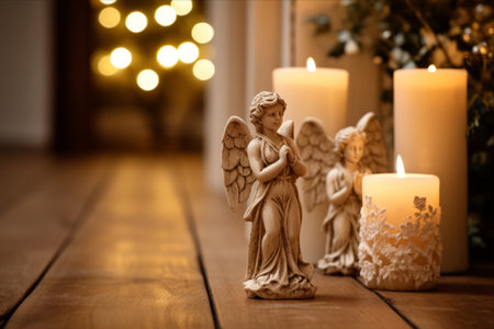 Enchanting Christmas Ambiance: Angelic Decorative Candles on Wooden Floorの素材