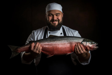 Master Chef Showcasing a Gigantic Atlantic Salmon Fish - AR 3:2の素材