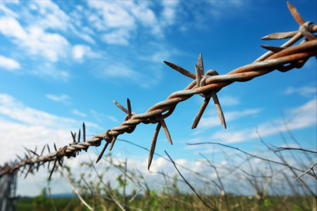 Guardian of Boundaries: A Closeup of Barbed Wire atop a Concrete Fence beneath a Serene Blue Sky with Clouds (3:2 Aspect Ratio)の素材