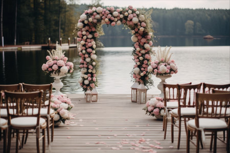 Enchanting Essence: Exquisite Pink, Burgundy, and White Wedding Decor on a Magnificent Wooden Pierの素材
