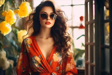 Stunning Muse: A Radiant Beauty in Sunglasses, a Vibrant Dress, and Lustrous Dark Hair Shining in a Bright Interior - AR 3:2の素材