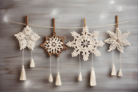 Eco-friendly Handmade Christmas Macrame Decor: Snowflakes and Wooden Stick Ornaments with Natural Materialsの素材