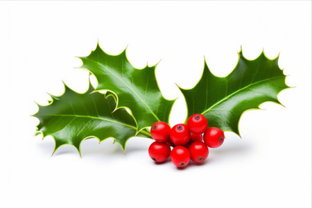 Festive Charm: Captivating Christmas Holly on White Background - Versatile Design Element or Perfect Christmas Decorationの素材